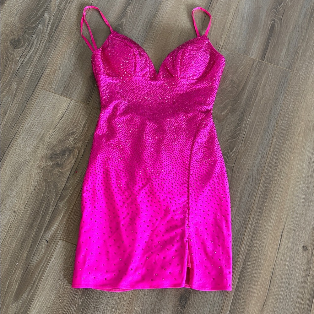 Sherri Hill Hot Pink Mini Dress with Rhinestones